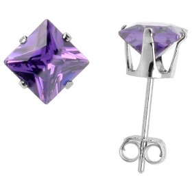 Show details of 6 mm Princess Cut Amethyst colored Sterling Silver Cubic Zirconia Stud Earring.