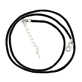 Show details of Necklace Cord For Pendants - D39 - Black Silk / Satin - 16" + 2" Extension Chain ~ Silver Tone Ends.