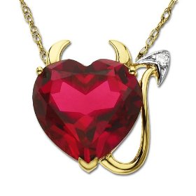 Show details of 14k Yellow Gold Lab Created Ruby Heart Devil Pendant w/ Diamond Accent, 18".
