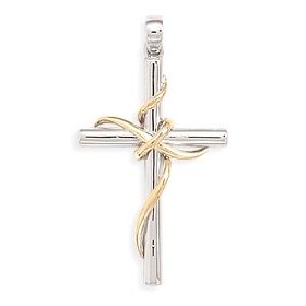 Show details of 14 Karat Gold Plate and Rhodium Plated Sterling Silver Cross Pendant.