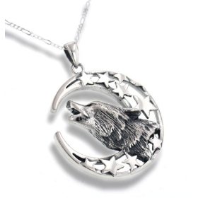 Show details of Howling Wolf Totem with Crescent Moon and Stars Sterling Silver Pendant with 20" Chain Necklace.