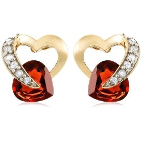 Show details of 10k Yellow Gold Diamond and Garnet Heart Shaped Earrings.