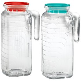 Show details of Bormioli Rocco Gelo Refrigerator Jug 2 Piece Set, One Red Lid and One Green Lid.
