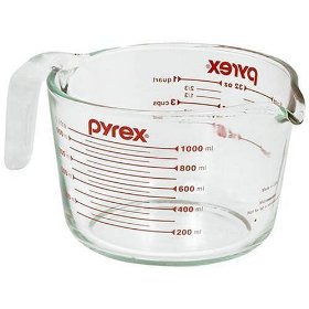 Show details of Pyrex Prepware 1-Quart Measuring Cup, Clear with Red Measurements.