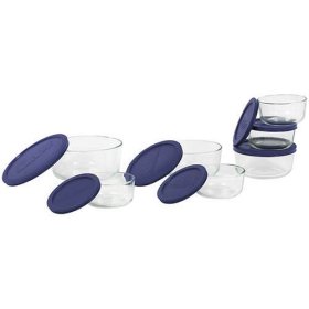 Show details of Pyrex Storage 14-Piece Round Set, Clear with Blue Lids.