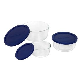 Show details of Pyrex Storage 6-Piece Round Set, Clear with Blue Lids.
