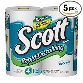 Show details of Scott Rapid-Dissolving Bathroom Tissue, 1-Ply, Unscented, Case Pack, Five 4 Roll Packs, 800 Sheets Each (20 Rolls).