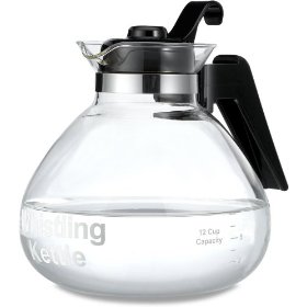Show details of Medelco 12 Cup Glass Stovetop Whistling Tea Kettle.